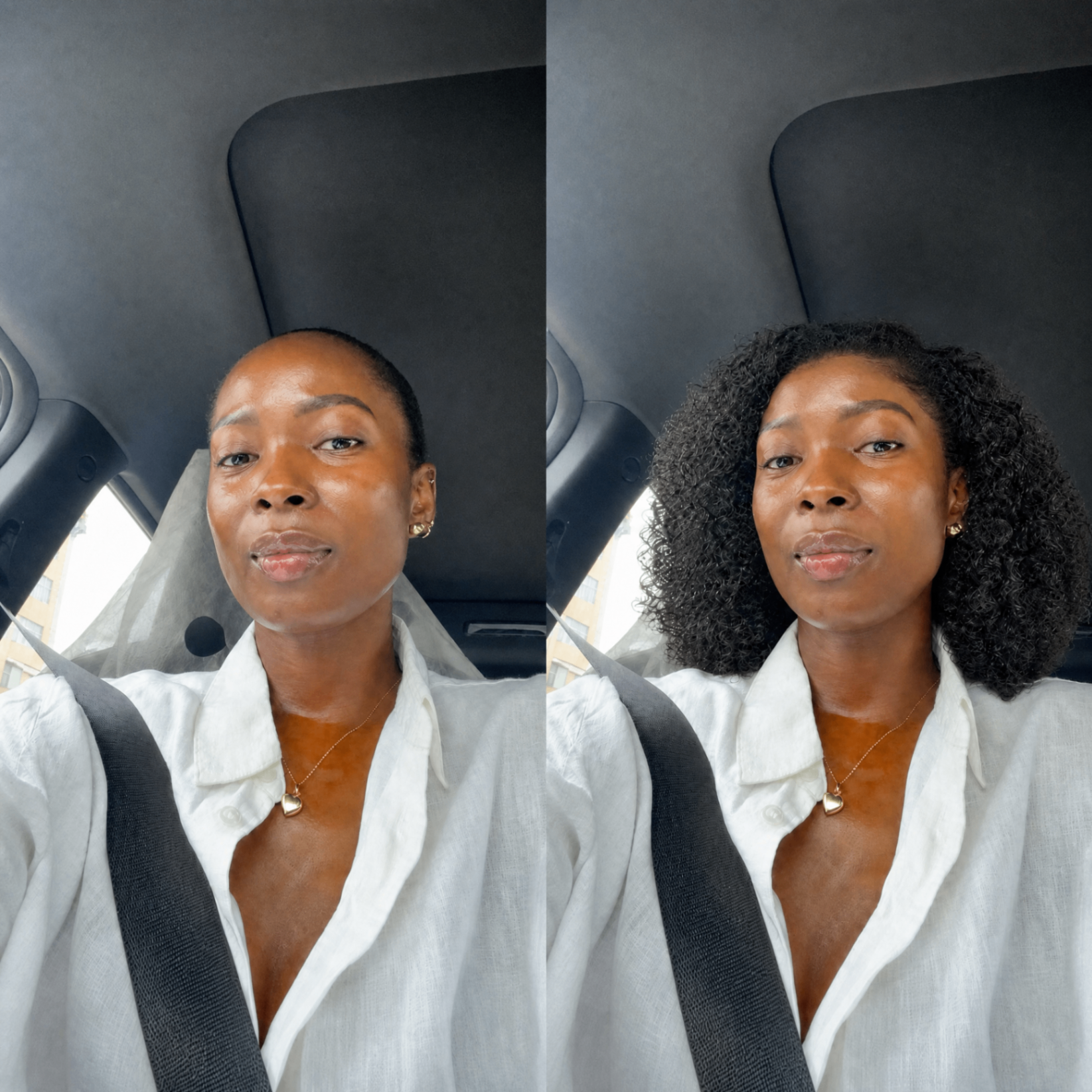 Slick bun → kinky curly bob — before